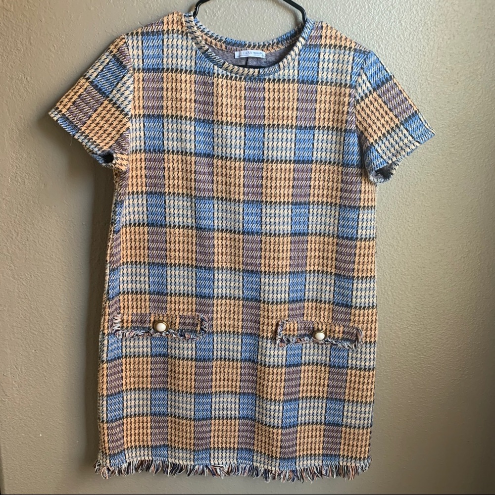 Zara Trafaluc Tweed Fringed Edge Shift Dress Large